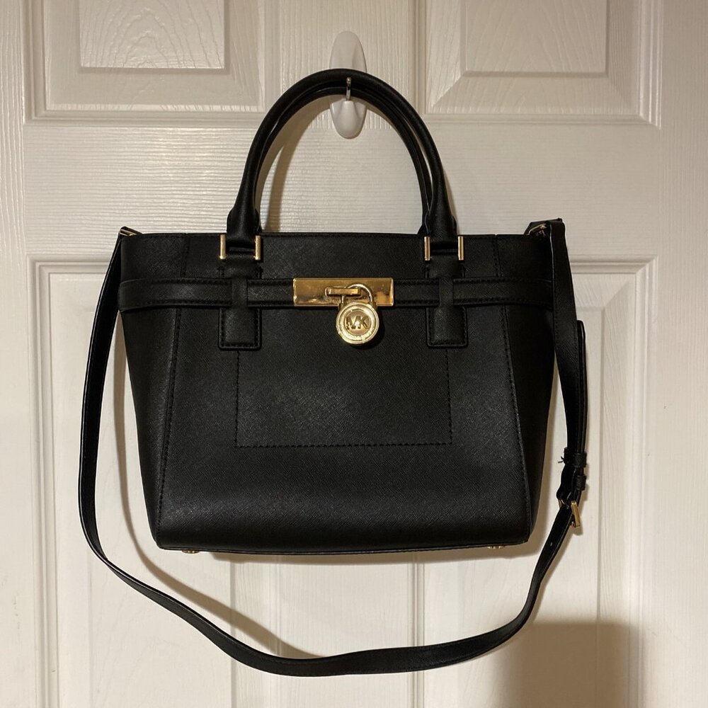 MICHAEL KORS BLACK GOLD LOCK SAFFIANO LEATHER SATCHEL BAG